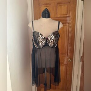 Cacique Leopard Print Black Babydoll Lingerie